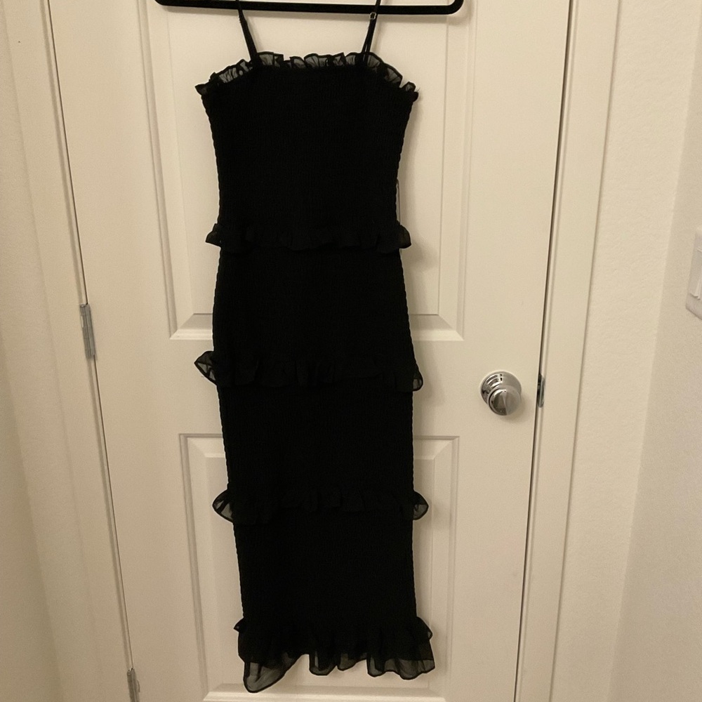 bebe Black Strapless Ruffle Dress